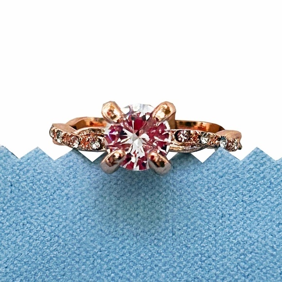 Rose Gold Solitaire Simulated Zircon Ring Fashion Dinner Cocktail Side Stones - Picture 7 of 11